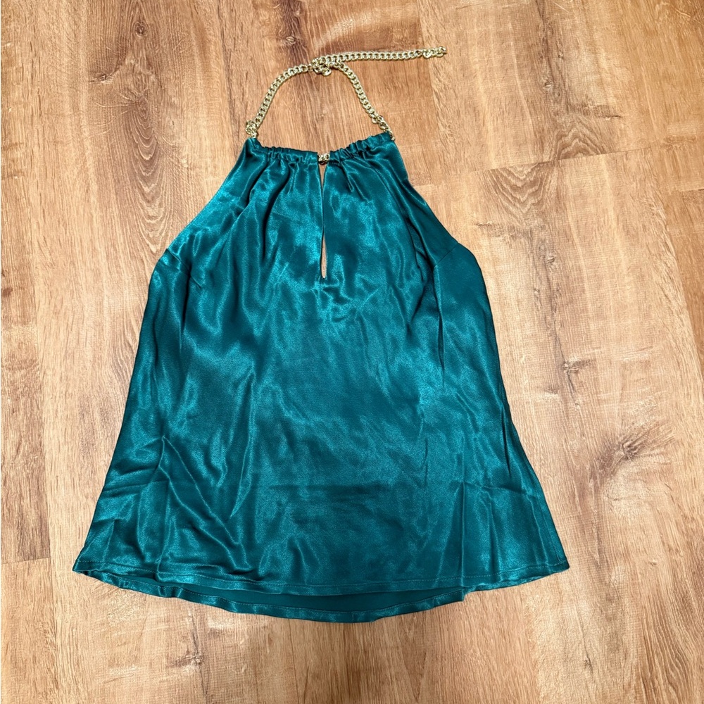 ASTR Teal Satin Halter Tank with Gold Chain Detail